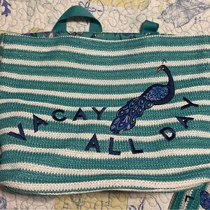 Vera Bradley Straw Tote Shoulder Bag Peacock Garden Print Set